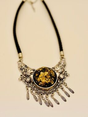 Statement Goth Necklace – Gold Leaf Resin, Genuine Leather Cord, Lightweight
